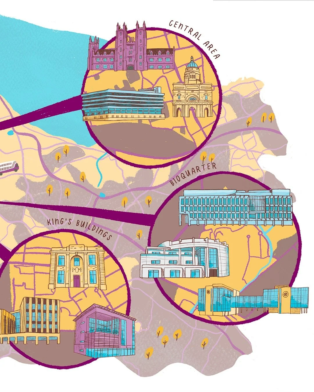 Finally getting around to sharing more work I did last summer for the university of Edinburgh&rsquo;s thrive guide! 💛💜

This map is all about the different campus hubs UoE has scattered around Edinburgh 🤩 it was a chance to draw some quite unusual