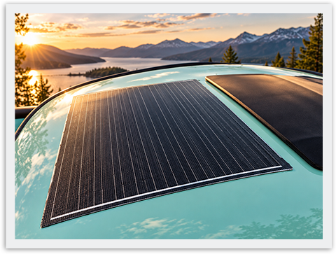 Solar panel fitted to the curved roof of a turquoise teardrop caravan in the mountains.