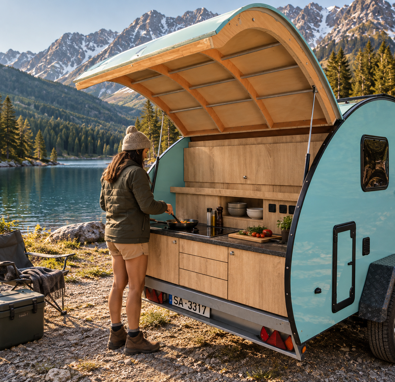 Woman cooking in the open rear kitchen of a turquoise teardrop caravan beside a mountain lake.