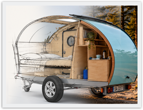 Cutaway view of a teardrop caravan transitioning from design sketch to the finished caravan.