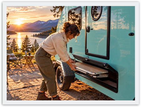 Woman accessing the built-in side storage compartment of a Take It Easy teardrop caravan.