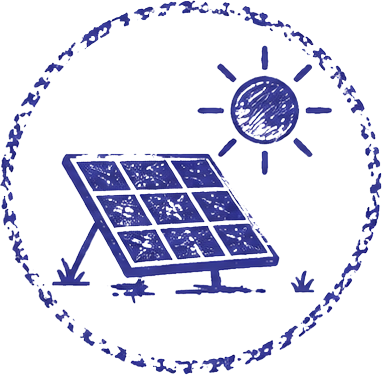 Illustration of a solar panel tilted toward the sun with rays shining, surrounded by a circular decorative border.