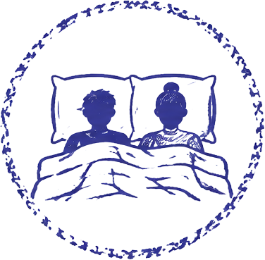 Two children sleeping in beds, with a circular border of text around the illustration.