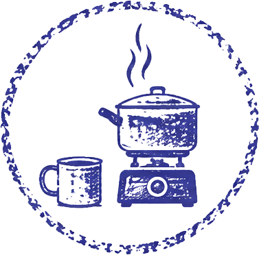 A line drawing of a boiling pot on a portable stove with steam rising, next to a coffee mug, all enclosed in a circular decorative border.