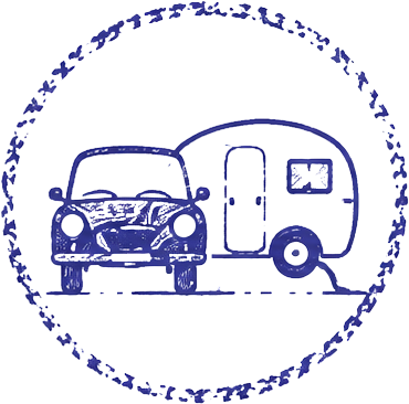 Line drawing of a vintage car and a camper trailer inside a circular decorative border.