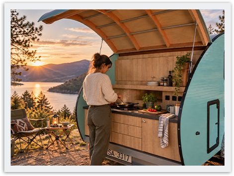 Woman cooking in the rear kitchen of a teardrop caravan overlooking a mountain lake at sunset.