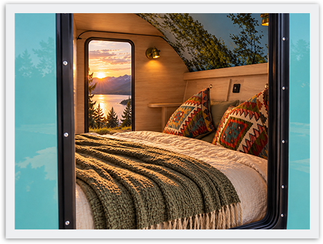 Cosy double bed inside a Take It Easy teardrop caravan, with warm lighting and a view of the mountains.