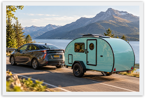 Lightweight turquoise teardrop caravan being towed by a car beside a mountain lake.