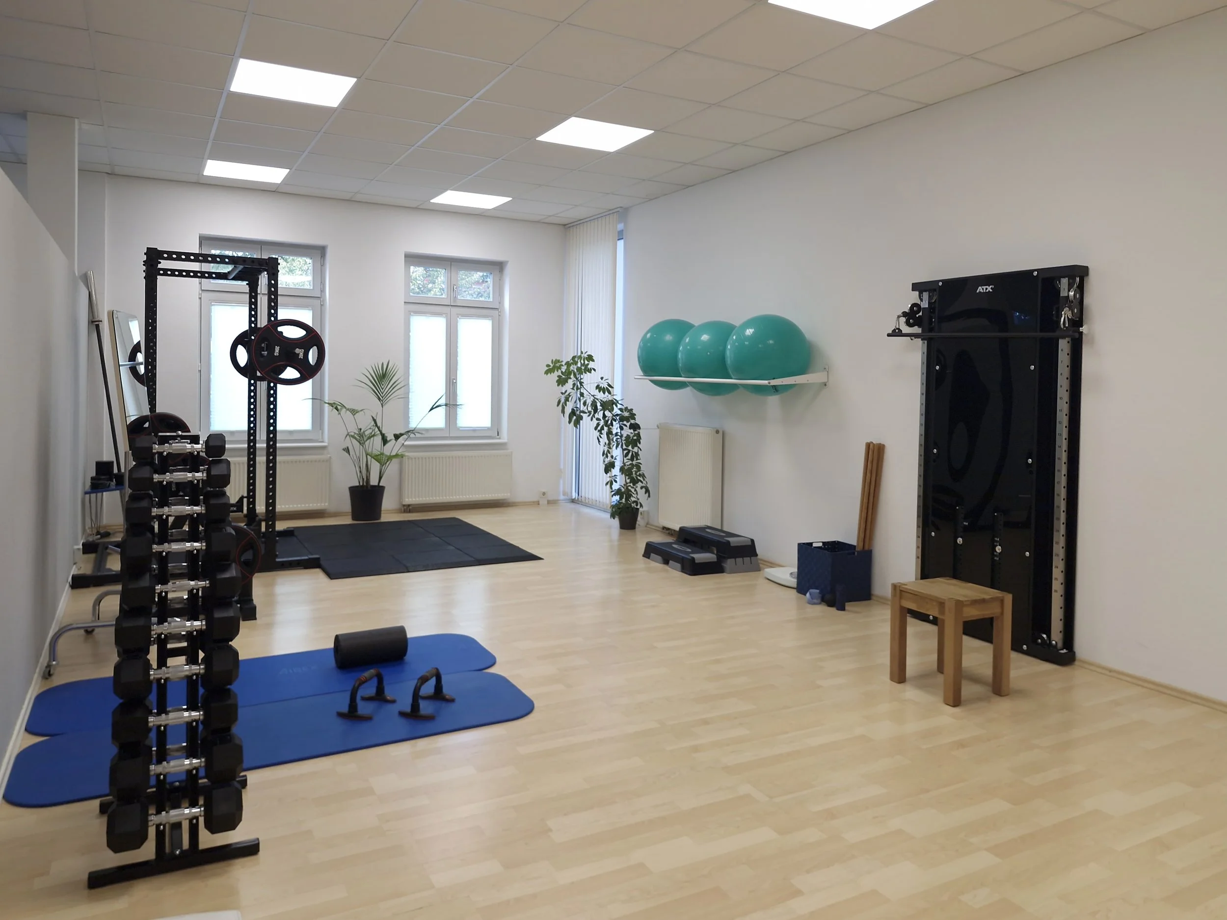 Großzügiger Trainingsraum der Sportphysiotherapie Schröder in Velten mit Langhantel-Rack, Kabelzug-Turm, Pezzibällen und Faszienrollen für medizinisches Training.