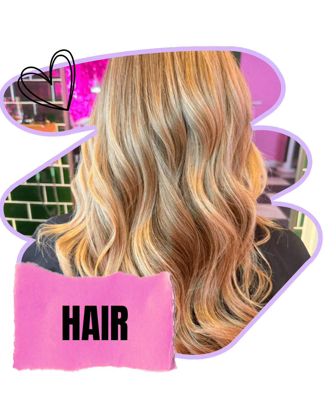 Back of a woman's head showing long, wavy, blonde hair with subtle highlights, with a pink label reading "HAIR" at the bottom.