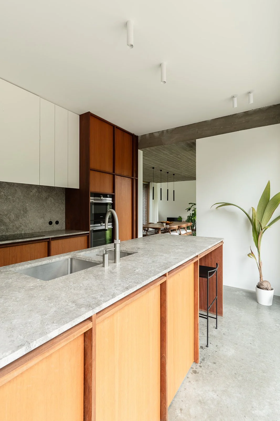 Moderne keuken met een grijs stenen werkblad, houten kasten en een inbouwoven, met een wit plafond en een grote groene plant in een witte pot.