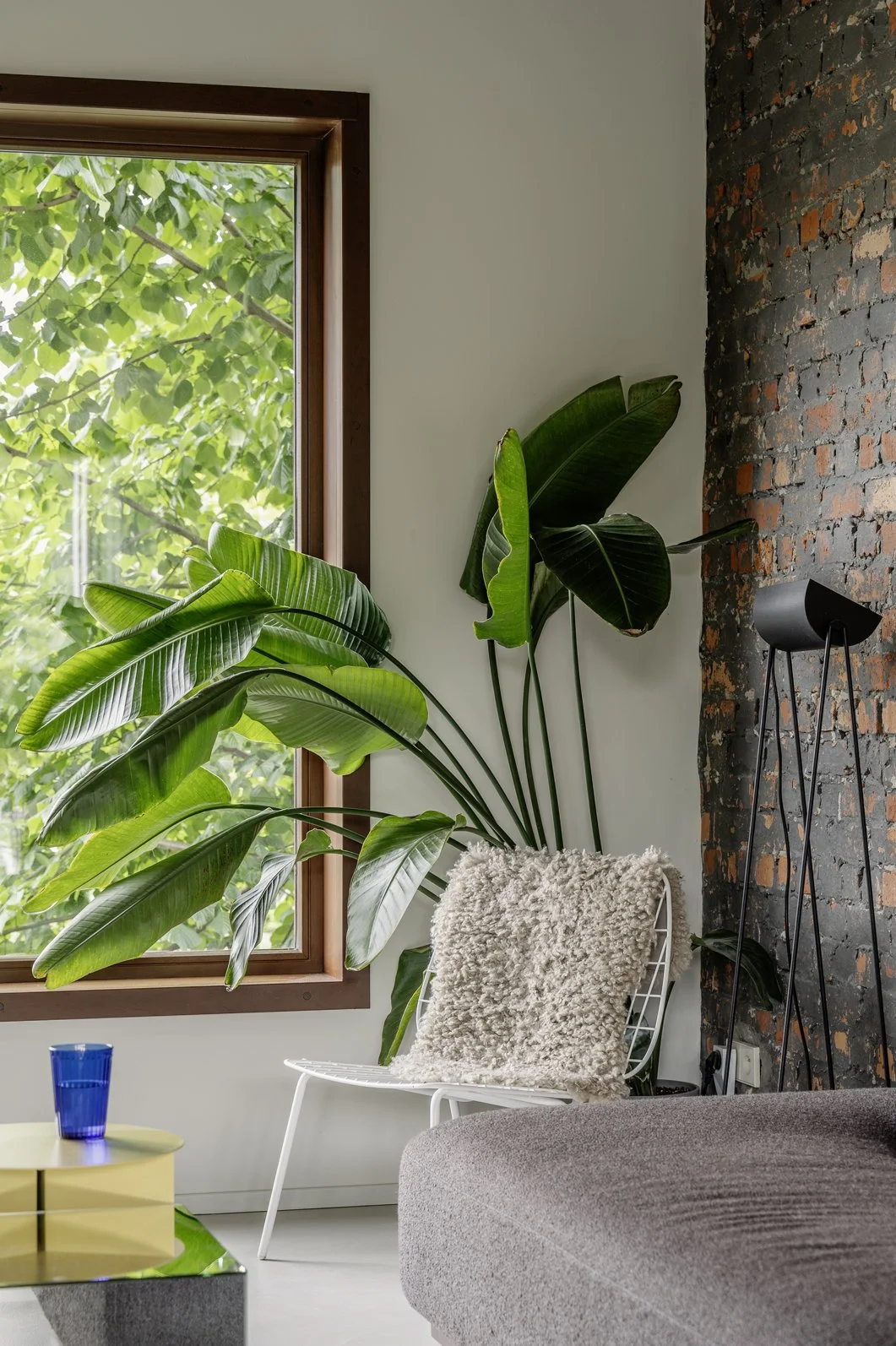 Binnenkamer met grote groene planten, een witte stoel met een schapenvachtkussen, een raam met uitzicht op groene bladeren, een zwart vloerlamp, een deels zichtbare bank met een beige bekleding, en een geel tafeltje met een blauwe beker.
