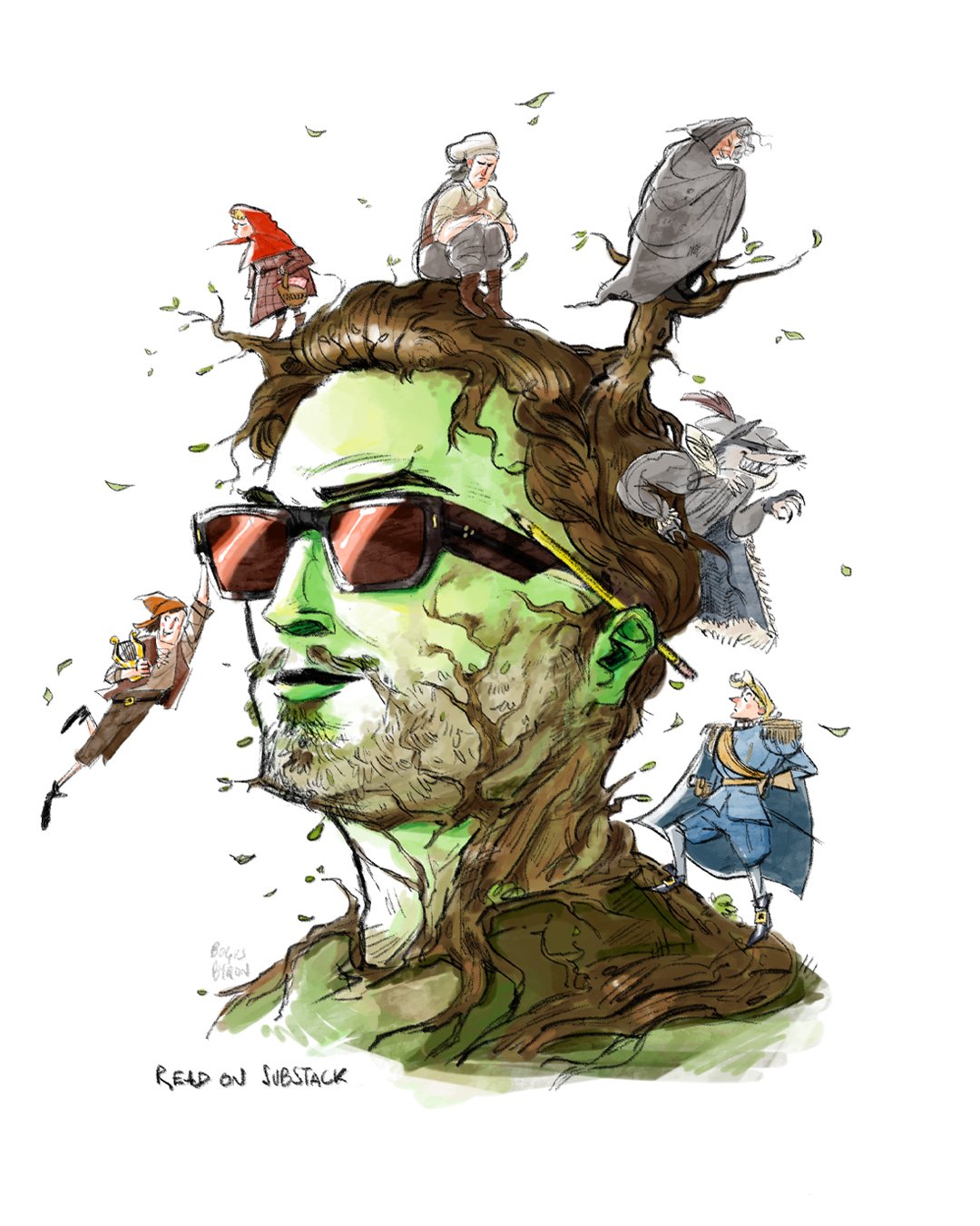 A creative illustration of a man's face integrated into a large tree with various characters sitting and standing on the branches, including an older woman, a wolf, a knight in armor, a girl with a book, and a person in glasses with sunglasses, all surrounded by falling leaves.