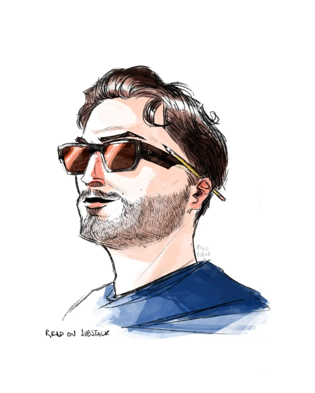 Stylized digital illustration of a man with brown hair, a beard, wearing sunglasses with brown lenses, and a blue shirt.