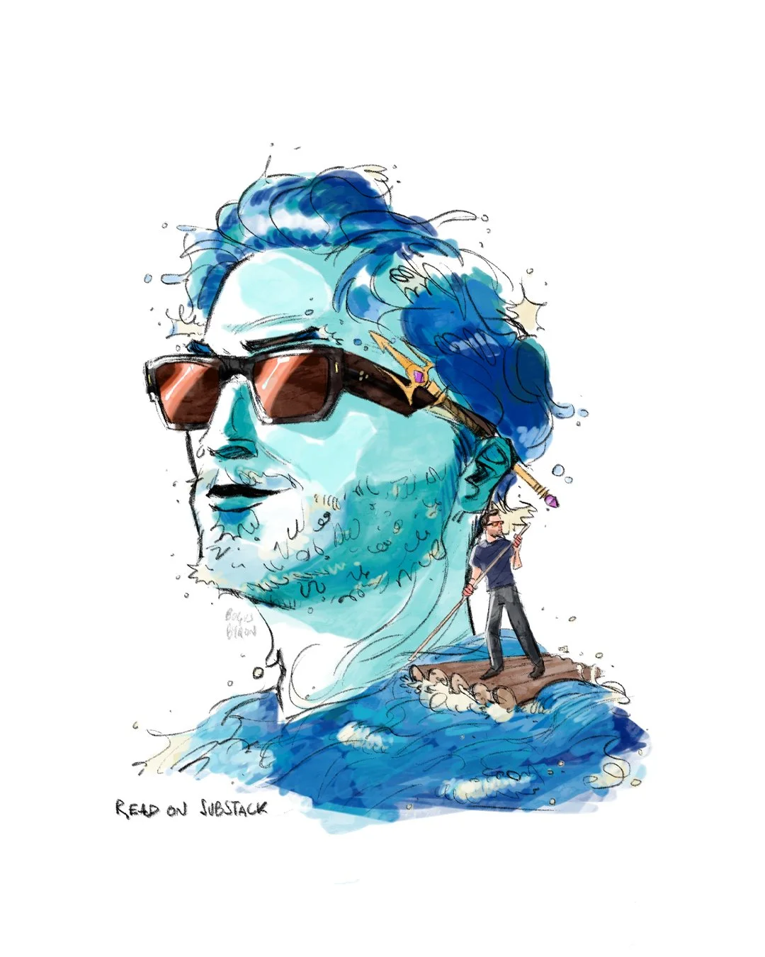 A digital illustration of a person's head with blue hair and sunglasses, with a small man standing on a boat on water, holding a stick tied to the person's head, creating a surreal scene.