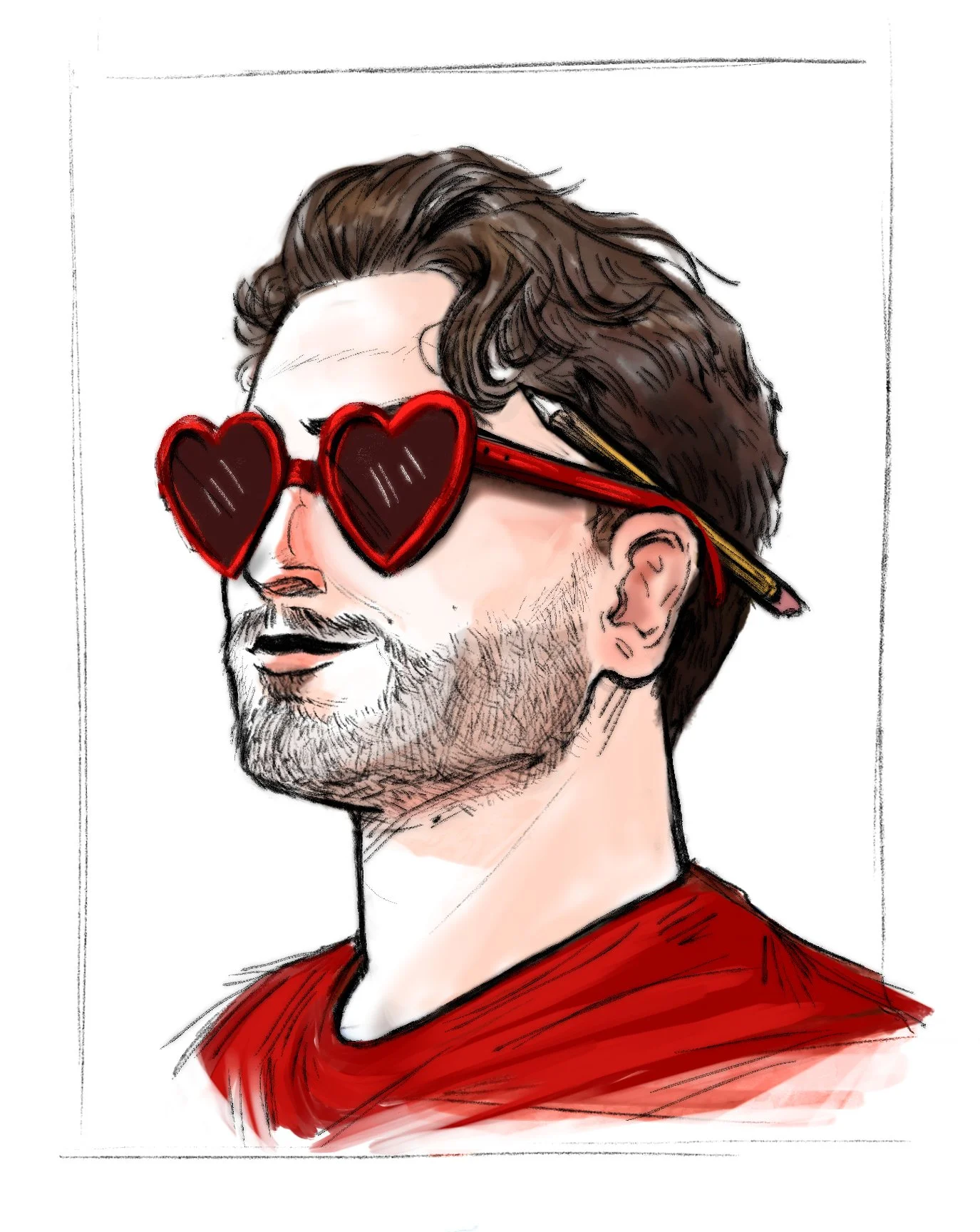 Digital illustration of a man with brown hair and beard, wearing red heart-shaped sunglasses and a red shirt.