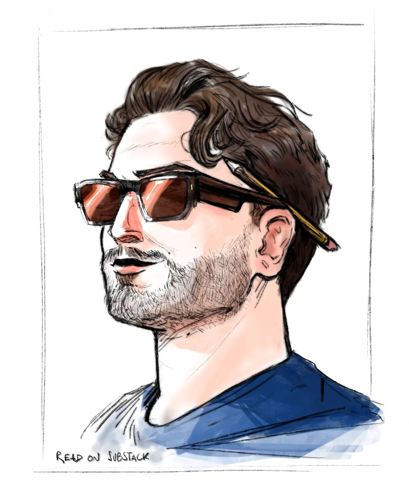A digital illustration of a man with brown wavy hair, a beard, wearing large sunglasses and a blue shirt, looking to the right.