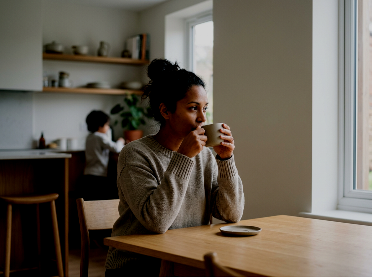 A woman with dark curly hair tied up, wearing a beige sweater, sitting at a wooden table and drinking from a beige mug. In the background, a child is seated at the kitchen counter, with shelves and a potted plant nearby, near a window.
