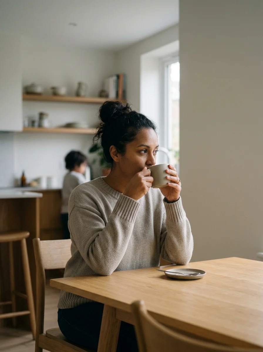 Woman with dark hair in a bun drinking coffee or tea at a wooden table in a bright kitchen, with another person in the background.