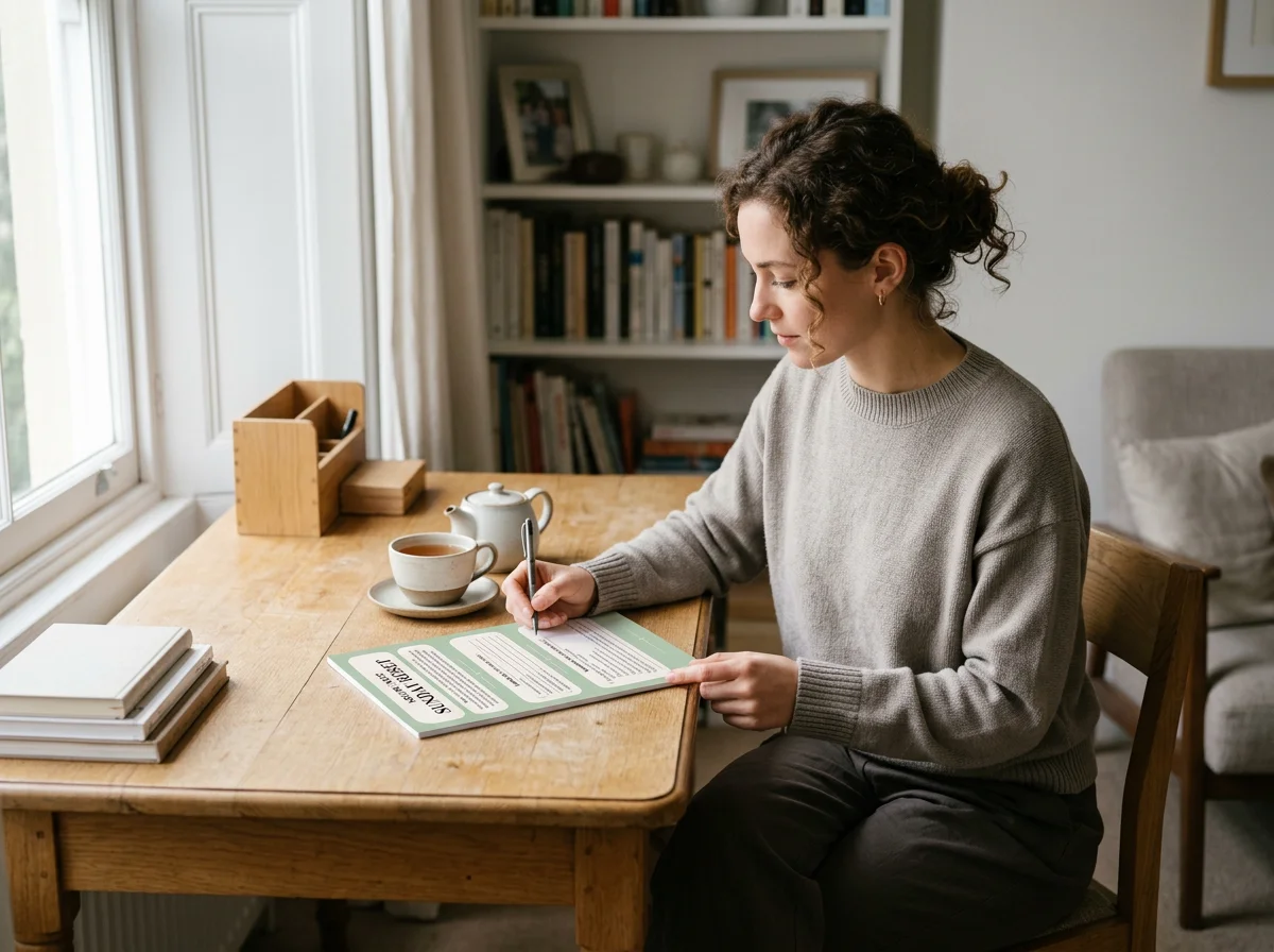 A woman sits at a wooden table, writing on a pamphlet or flyer with a pen. There is a cup of tea, a teapot, and a stack of books on the table. She is near a window with light-colored curtains, in a room with bookshelves and framed pictures in the background.