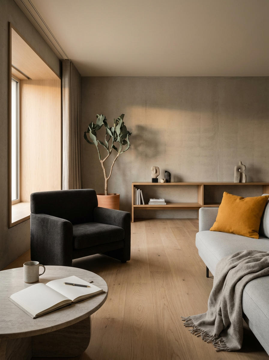 A modern living room with a black armchair, a gray sofa with a yellow pillow and a blanket, a round marble coffee table with an open notebook, a mug, and a pen, a large window, a wooden shelf with books and decorative sculptures, and a potted plant.