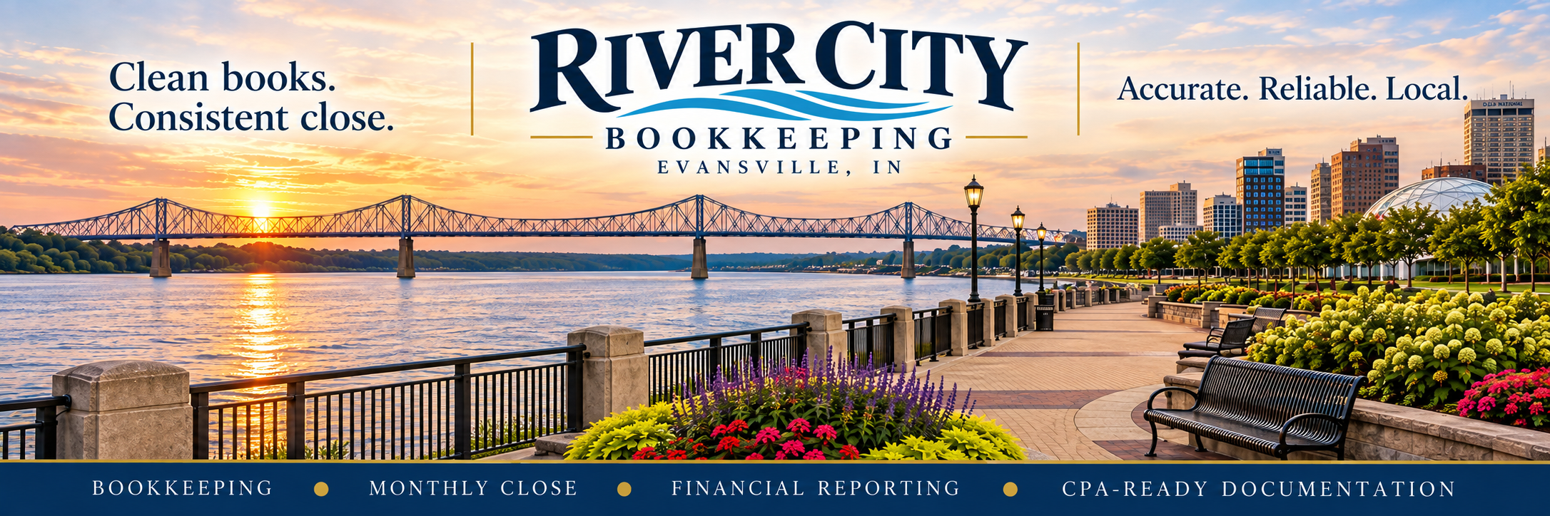 A scenic photo of Evansville, Indiana at sunset shows the Ohio River with a bridge crossing over it, a walkway with benches, lampposts, and colorful flowers, and a city skyline in the background. The image promotes Riverside Bookkeeping with the slog