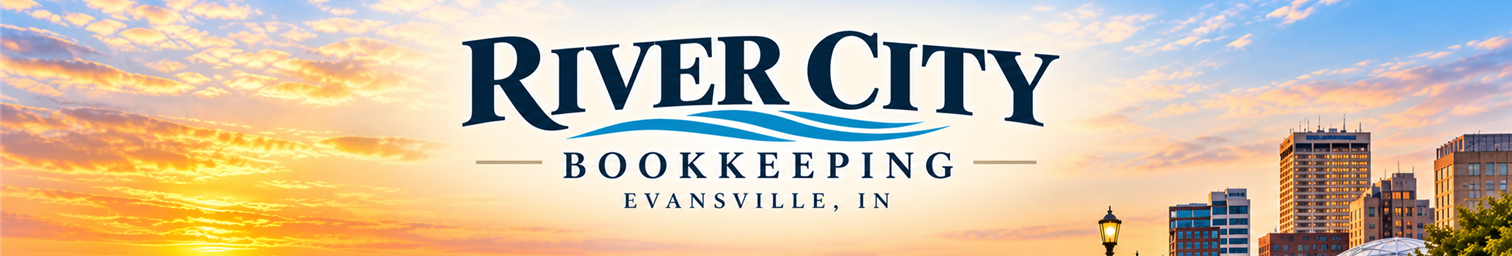 Sky during sunset over a city skyline with high-rise buildings in Evansville, Indiana, with the logo of River City Bookkeeping.