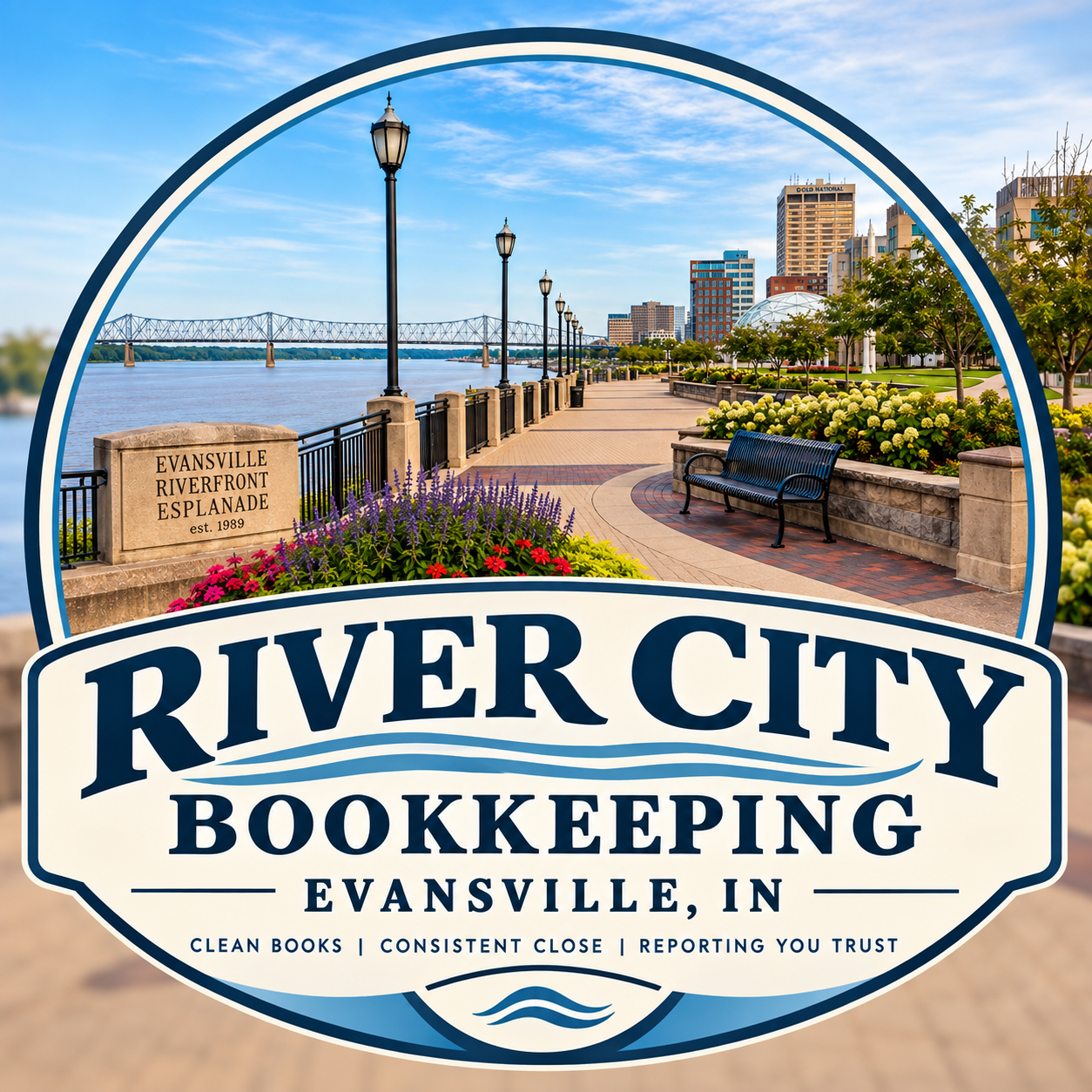 Logo for River City Bookkeeping in Evansville, Indiana featuring a riverside promenade with lamp posts, benches, and flowers, overlooking a bridge, river, and city skyline.