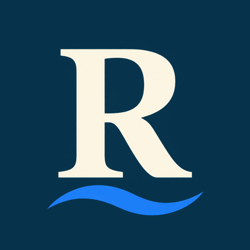 Logo featuring a large white letter 'R' above a blue wave on a dark blue background.