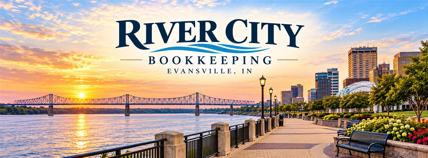 Sunset over a river with a city skyline, bridge, and a scenic riverside walkway with benches, flowers, and street lamps in Evansville, Indiana.