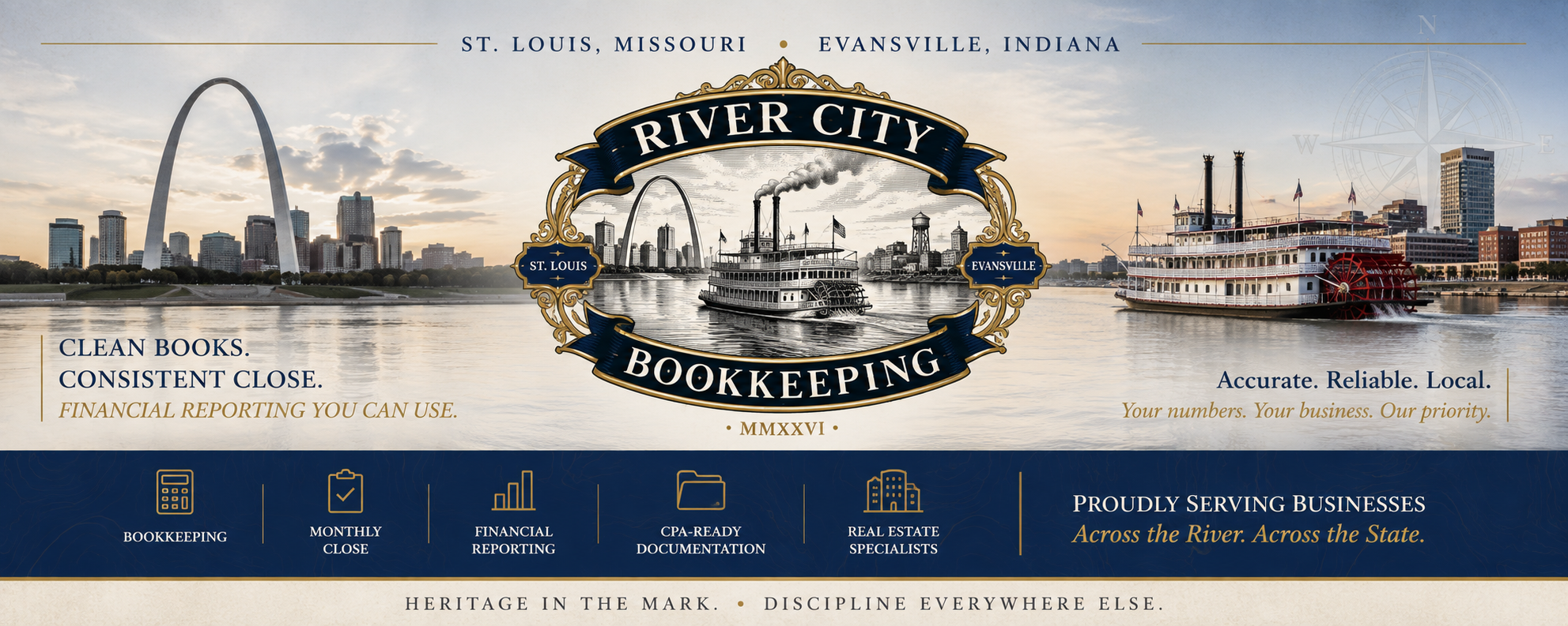 River City Bookkeeping — St. Louis, Missouri and Evansville, Indiana. Clean Books, Consistent Close, Financial Reporting You Use. Accurate. Reliable. Local. Proudly serving businesses across the river, across the state. Heritage in the mark, discipline everywhere else.
