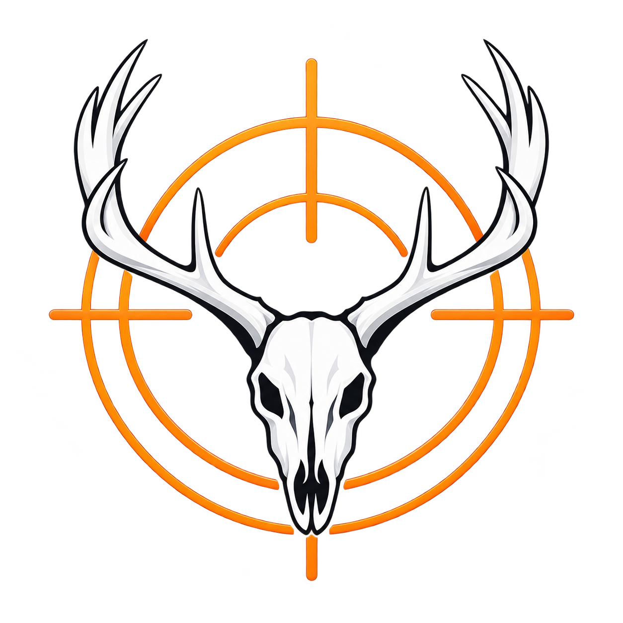 A strategic crosshair target with an animal skull, likely a deer, with antlers, over a red and orange glowing target background.