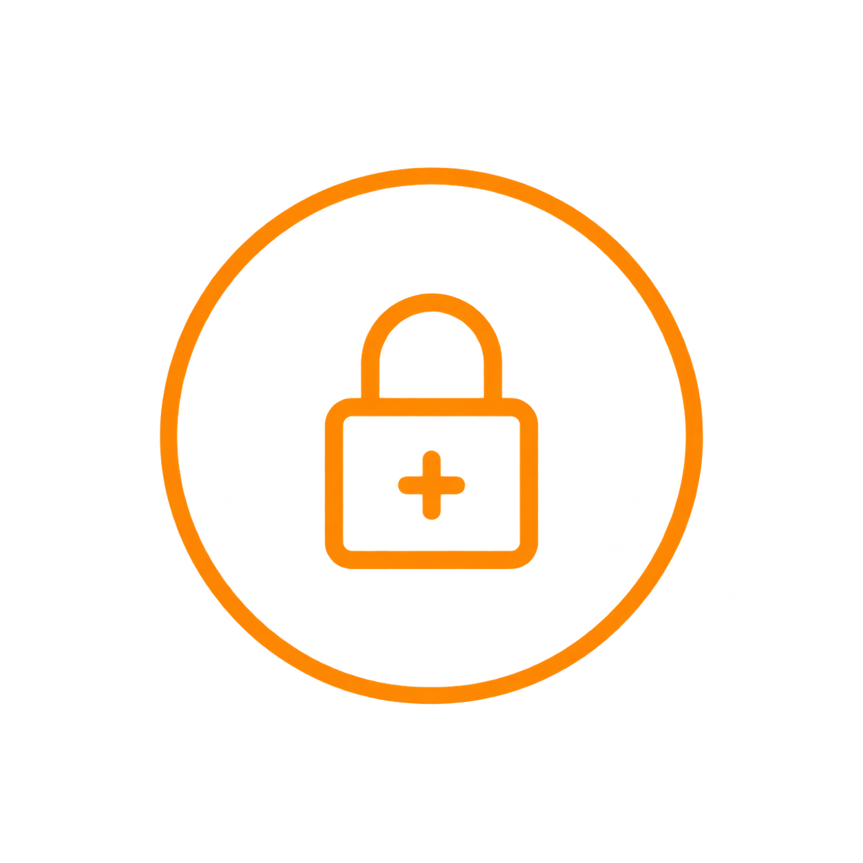 Neon orange security lock icon with medical cross inside, encircled by a neon orange border.