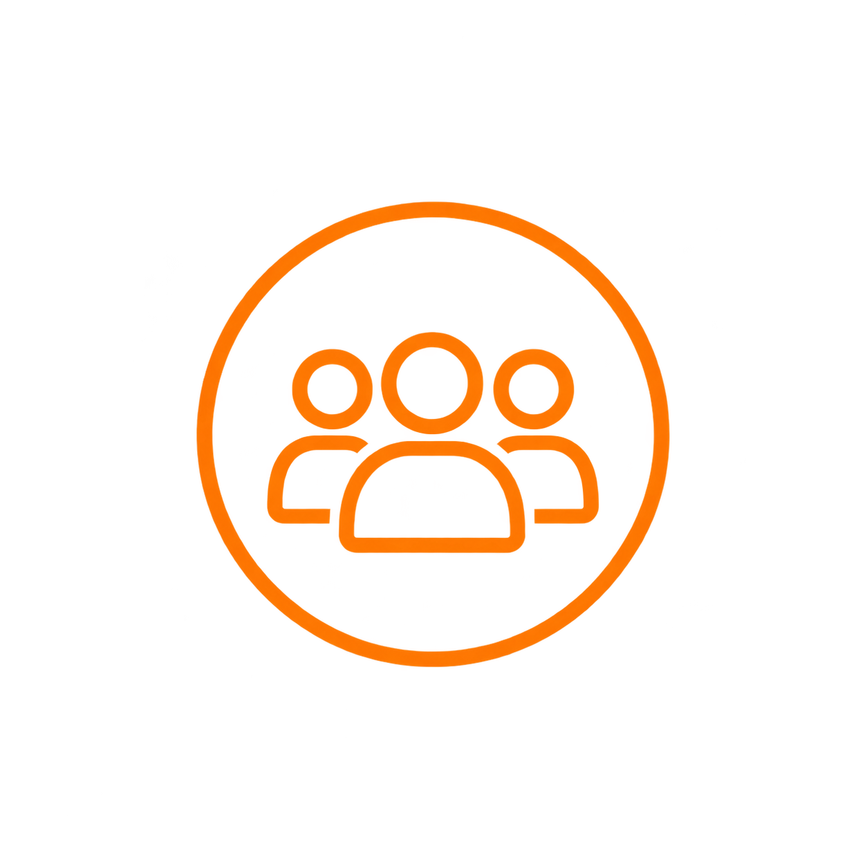 Neon orange icon of three people inside a circle, representing a group or community.