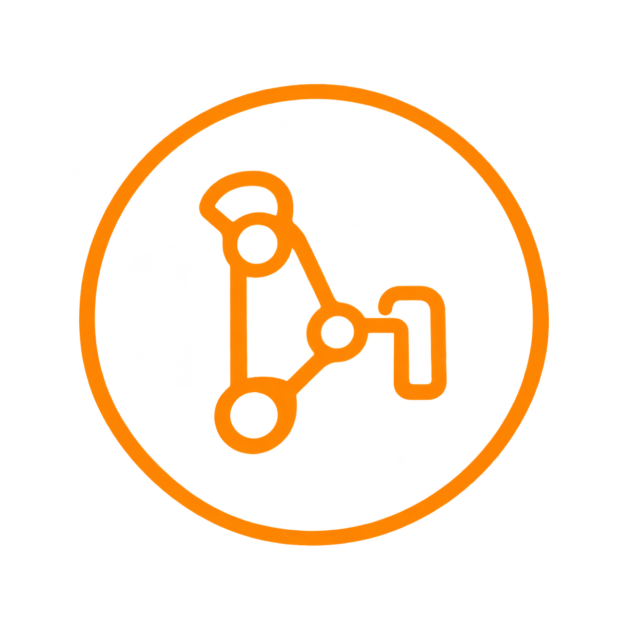 A circular icon with a clock face and circuit-like lines inside, colored in orange and yellow on a red background.