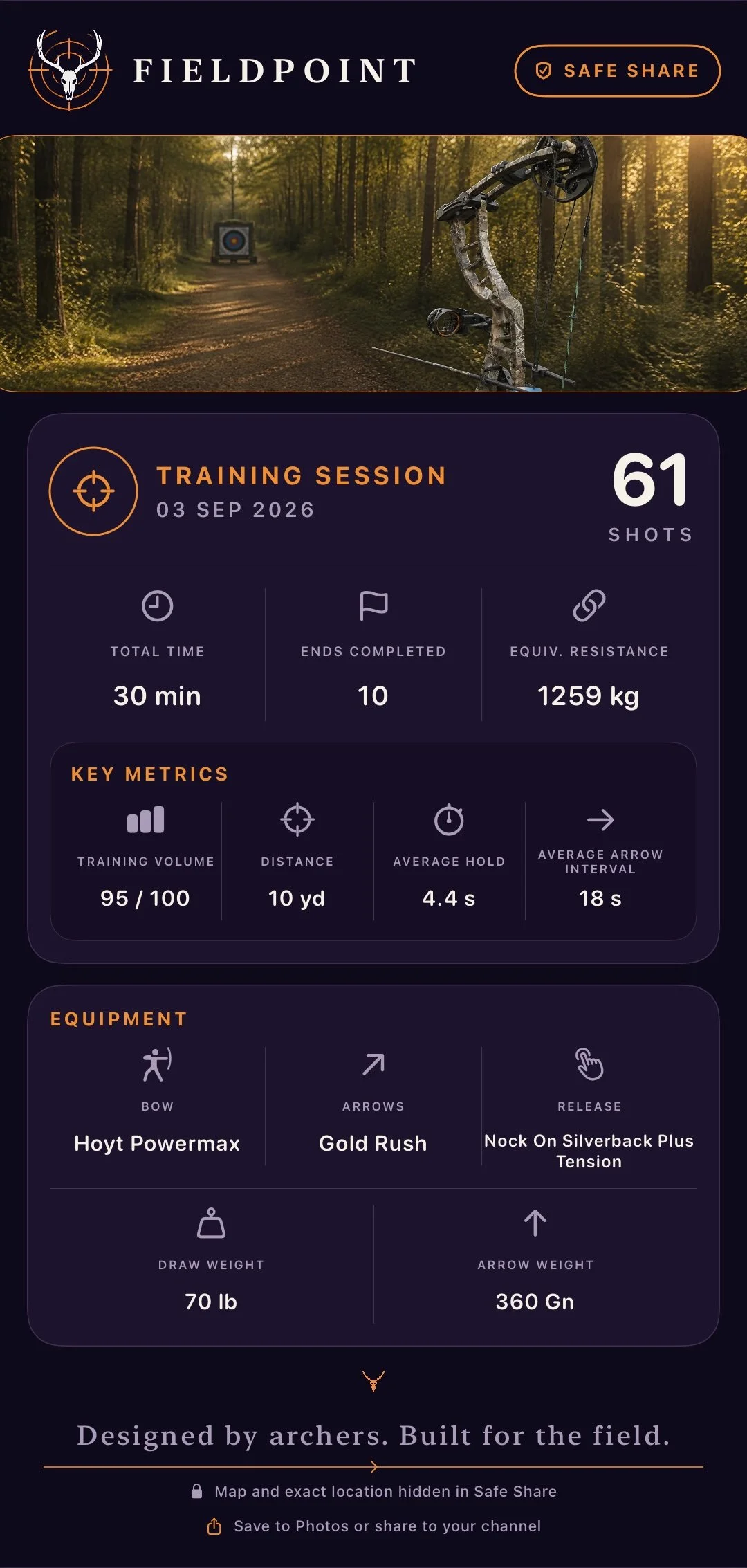 A digital archery training app interface showing a forest scene with a target in the distance, and a modern compound bow in the foreground. The app displays training stats, equipment details, and a badge indicating safe sharing.