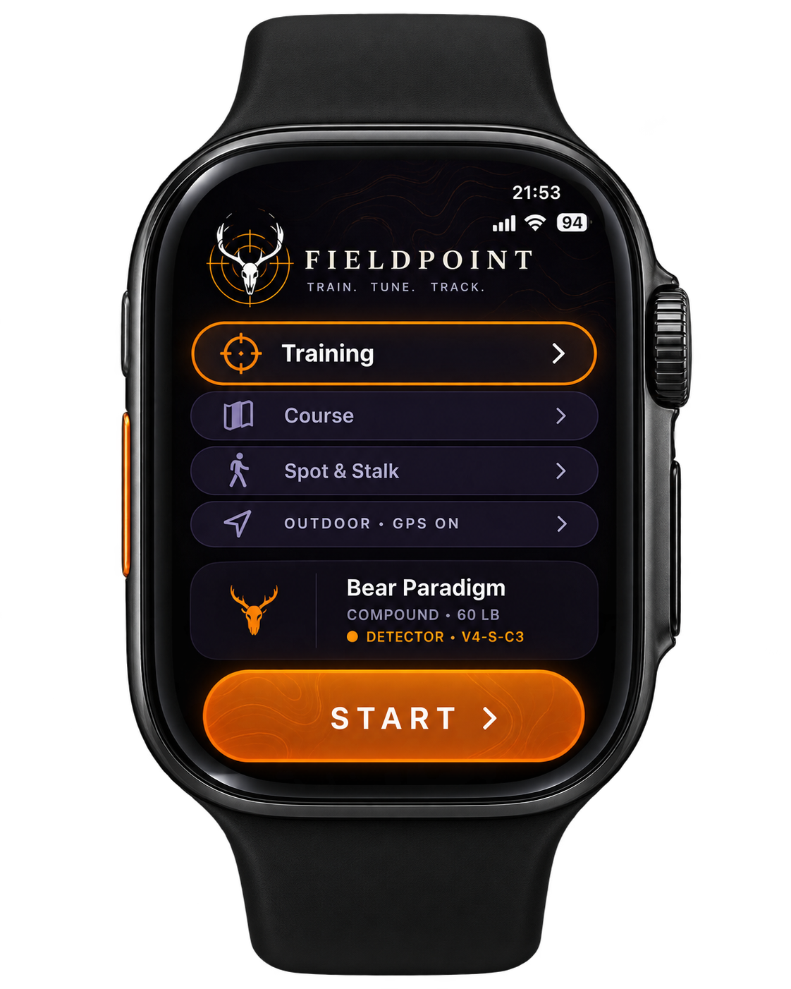 A smartwatch screen displaying the Fieldpoint training app with options for training, course, spot and stalk, outdoor GPS, and a bear paradigm compound bow setup. The start button is highlighted.