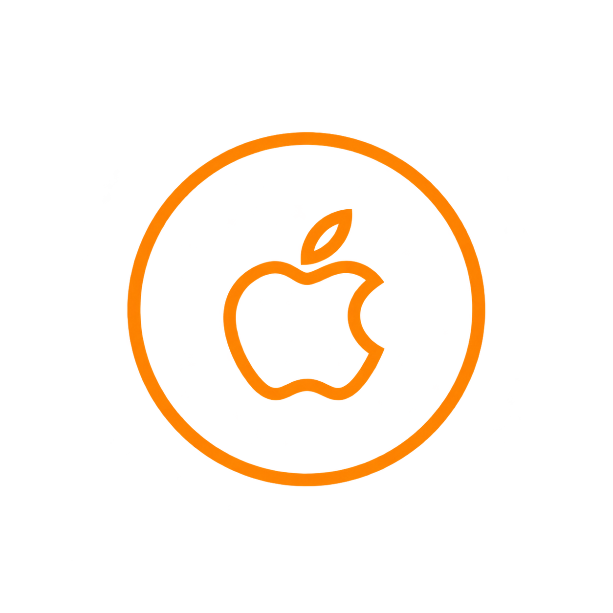 Neon orange Apple logo inside a circle, glowing against a black background.