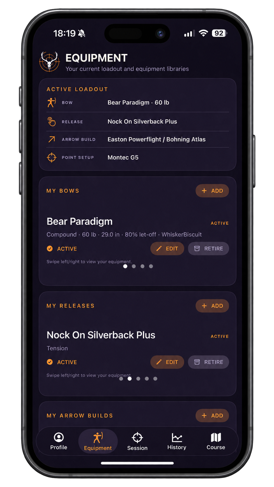 Smartphone screen displaying a gym equipment management app with loaded gear and options to add or edit equipment settings.