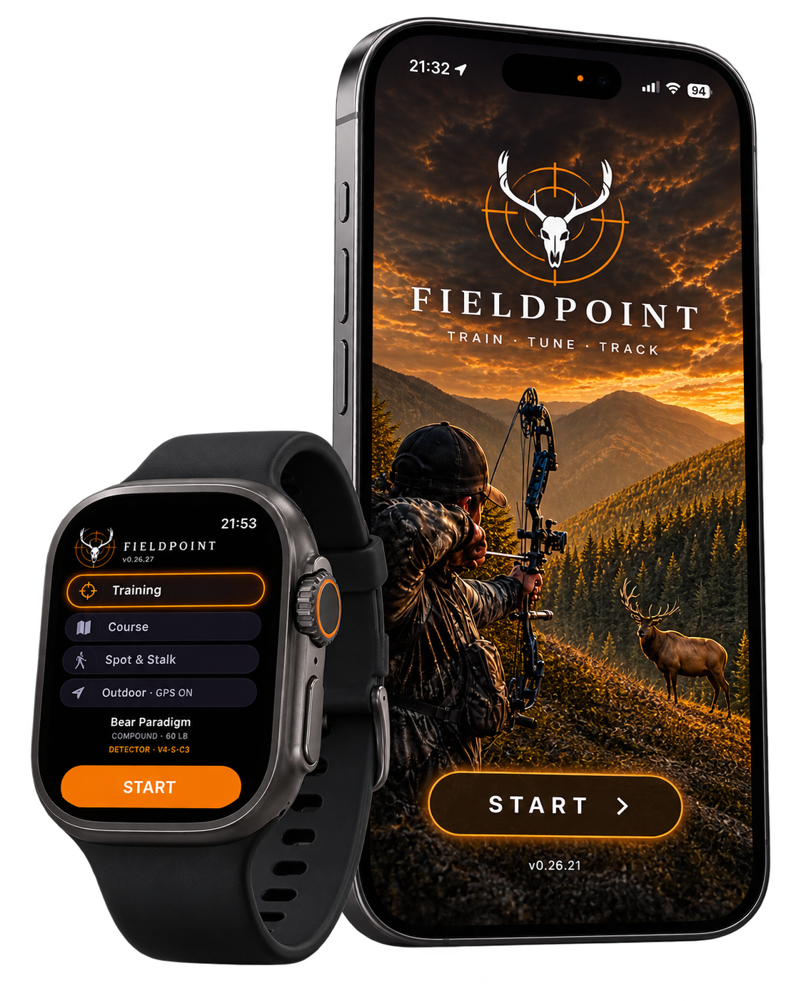 Smartwatch and smartphone displaying the FIELDPOINT app with outdoor hunting imagery, including a hunter aiming a bow and a mountain landscape with a deer, at sunset.