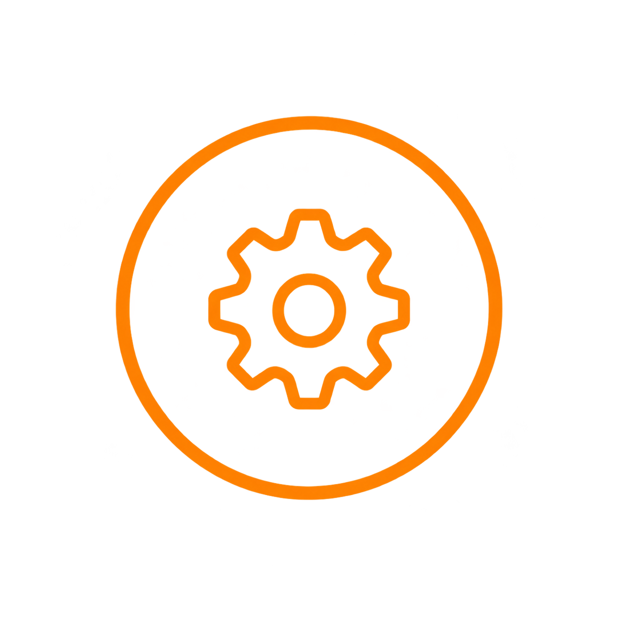Glowing orange outline of a gear inside an orange circle on a black background.