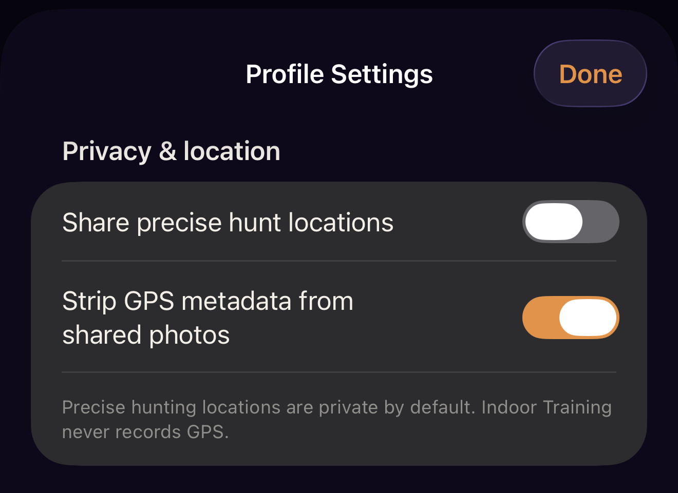 Screenshot of profile settings menu focusing on privacy and location options, including toggles for sharing precise hunt locations and stripping GPS metadata from shared photos.