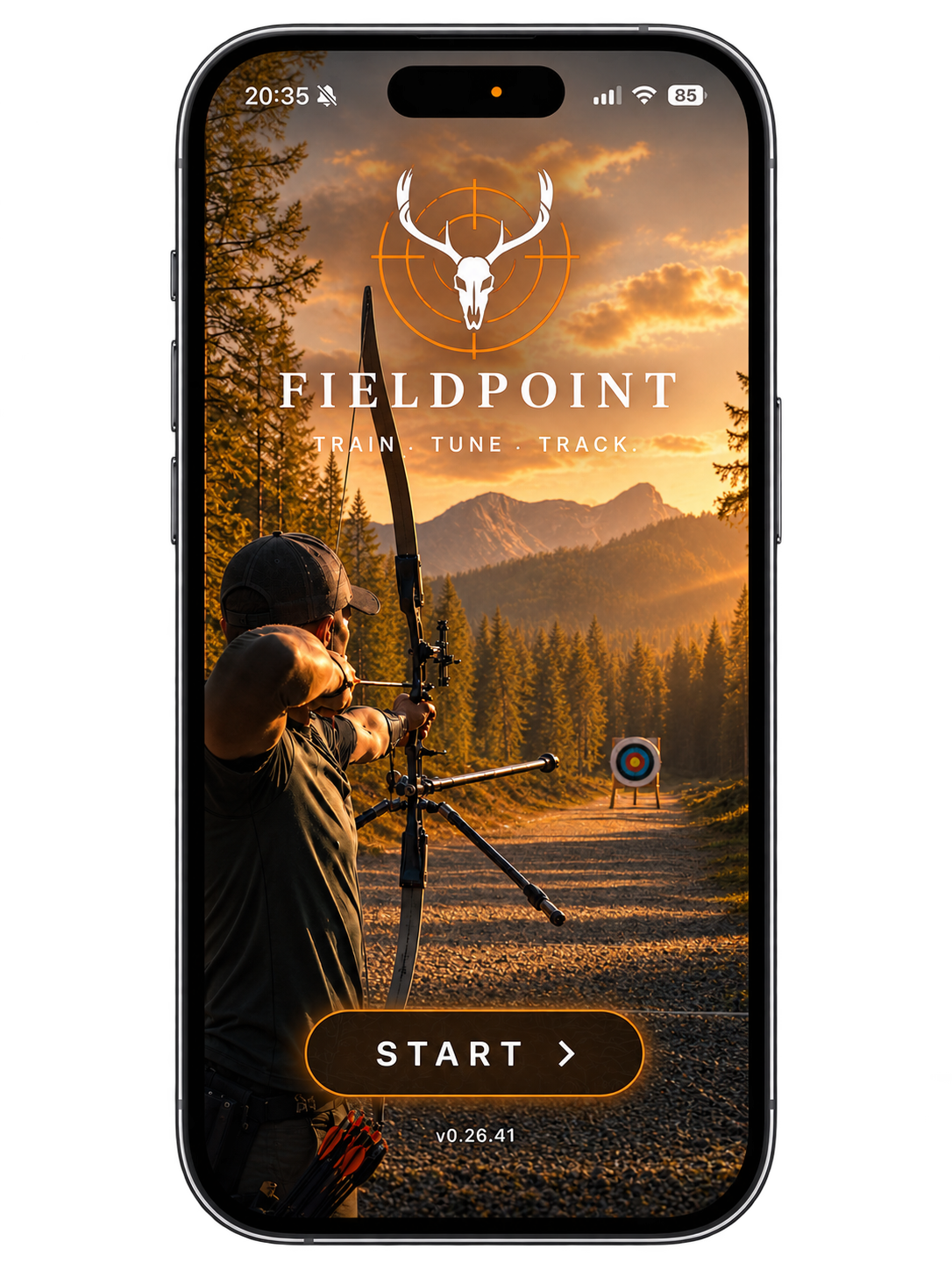 Smartphone screen displaying the app called FIELDPOINT with a background of a person aiming a bow and arrow at a target during sunset in a forested mountain area.