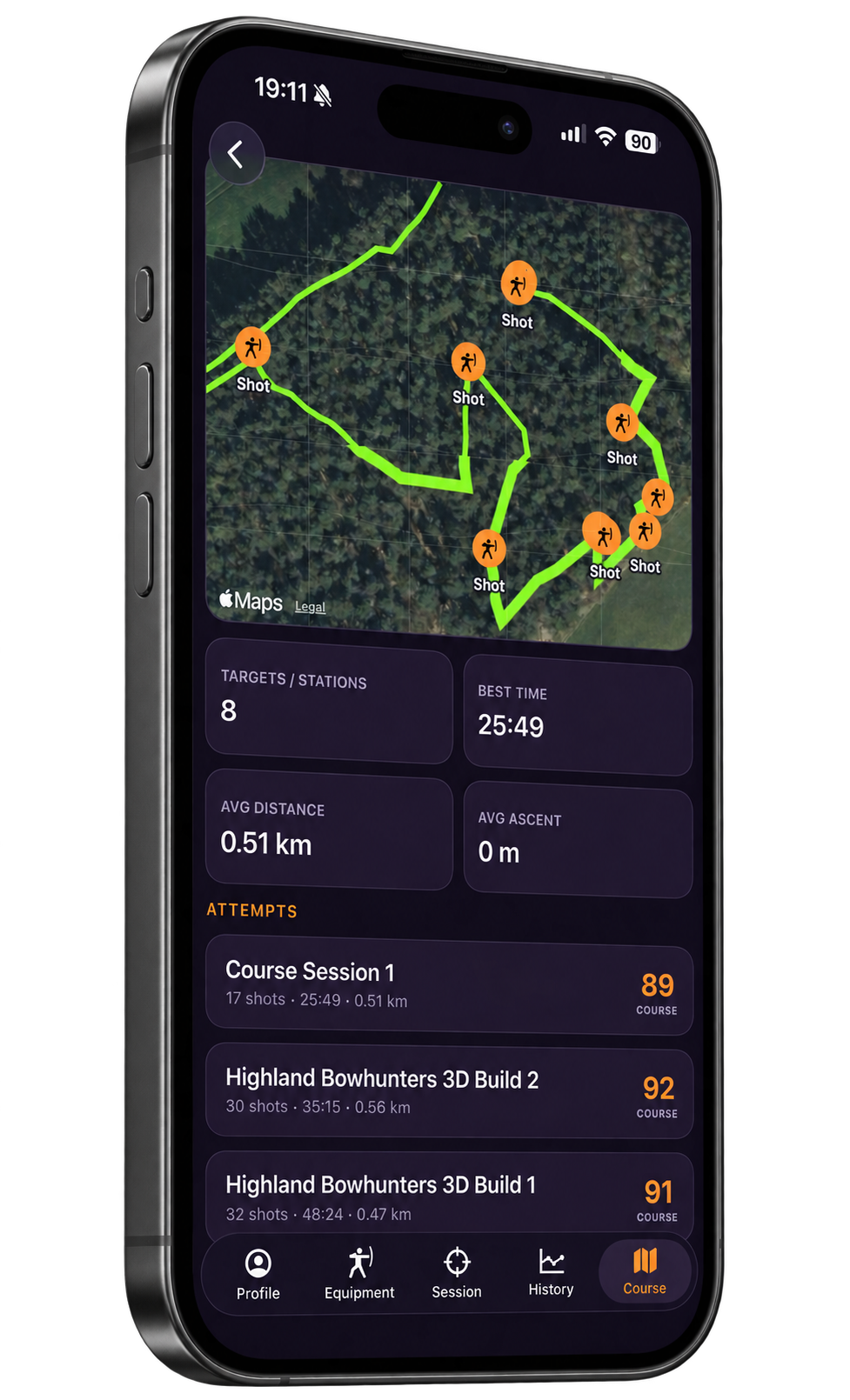 Smartphone screen displaying a trail shooting app with a map of a wooded area, showing multiple shot attempts marked with orange icons and a green route, along with statistics at the bottom such as targets, best time, average distance, and attempts.