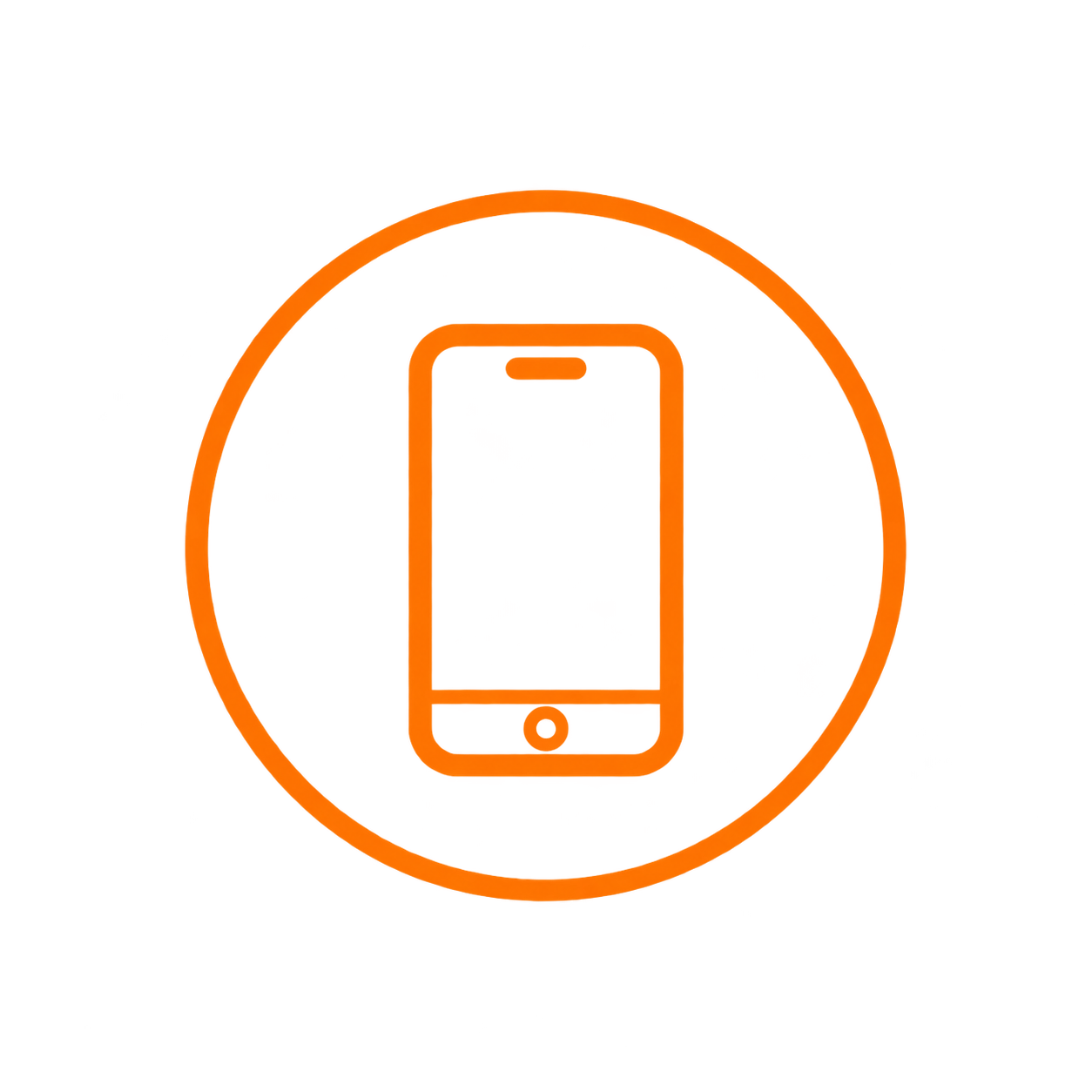 Neon orange outline of a smartphone inside a circle.