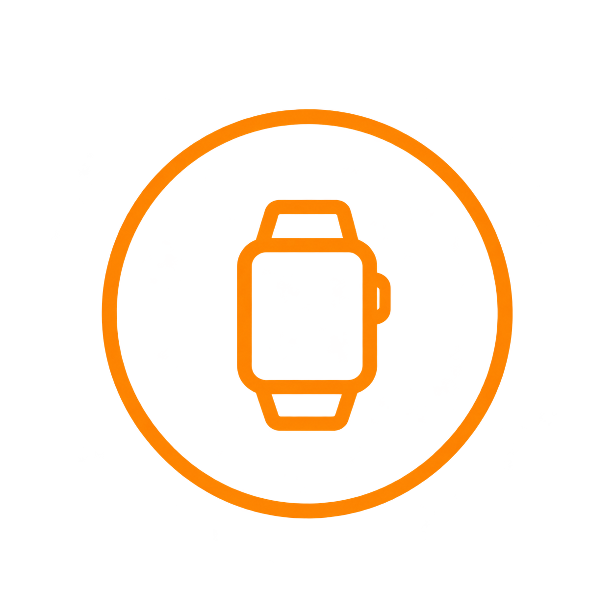 Neon orange outline of a smartwatch inside an orange circle, on a black background.