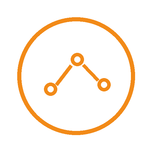 An orange circle with a line graph inside showing three connected points on a black background.