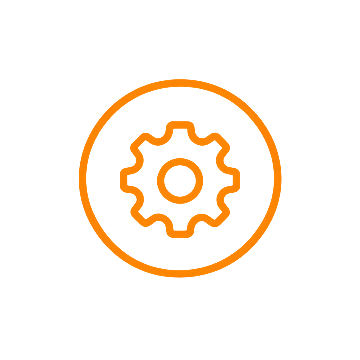 Neon orange outline of a gear within a circle, representing settings or tools.