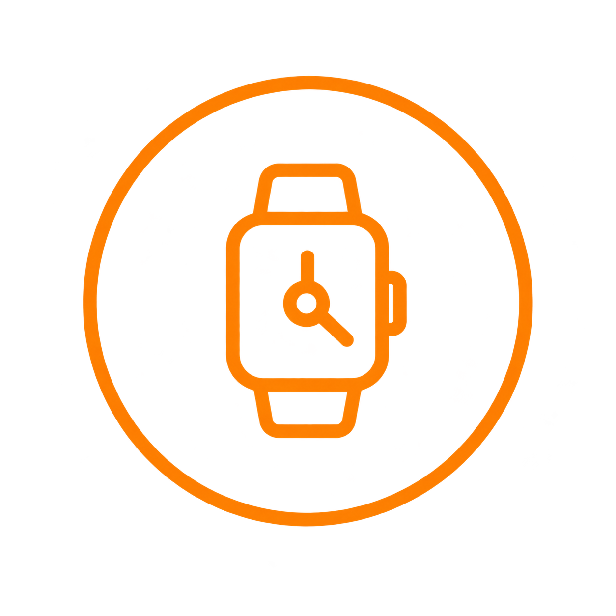 Neon orange icon of a smartwatch with a clock face, enclosed in a circle.