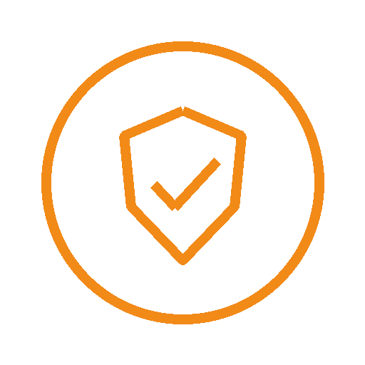 Orange shield icon with checkmark inside, encircled by an orange ring, on a black background.